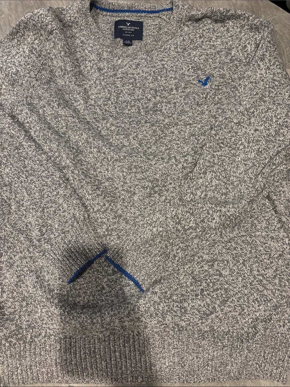 American Eagle Outfitters Gray Marled Crewneck Sweater with Blue Logo